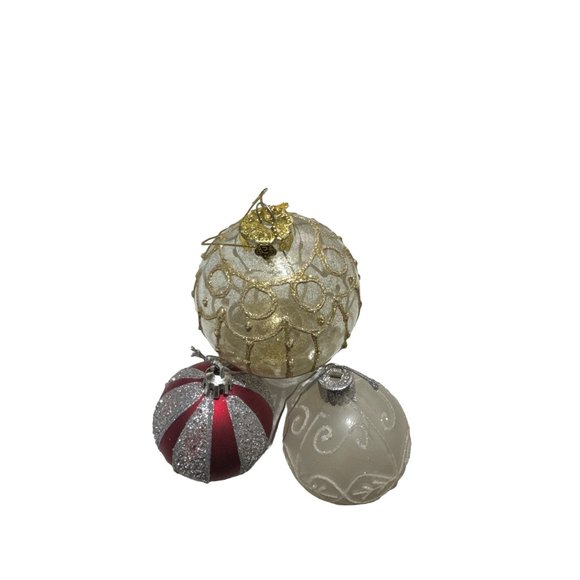 Vintage Set of 3 Glass Ornaments Gold Silver Glitter - Picture 2 of 5